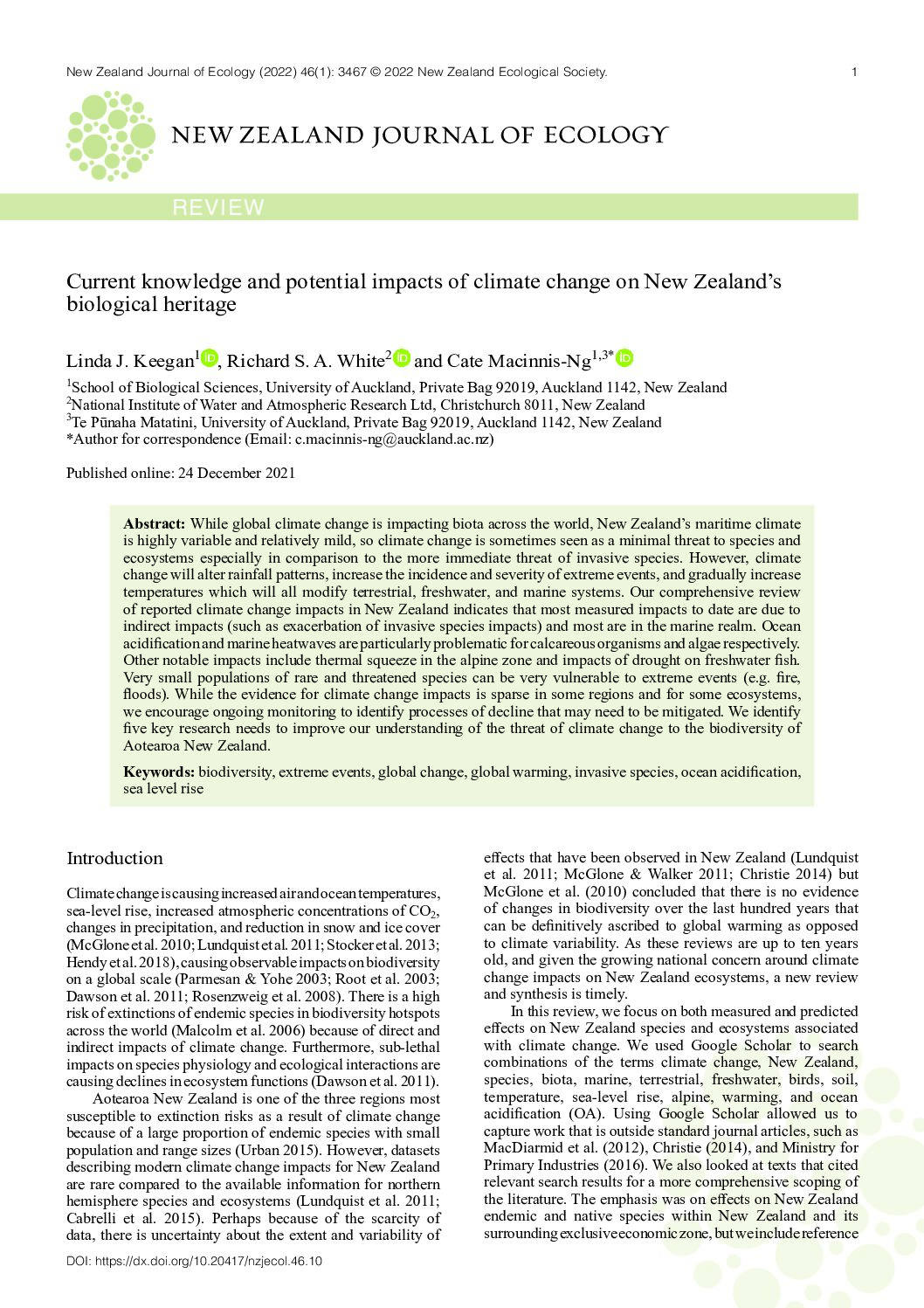 Current knowledge and potential impacts of climate change on New Zealand’s biological heritage